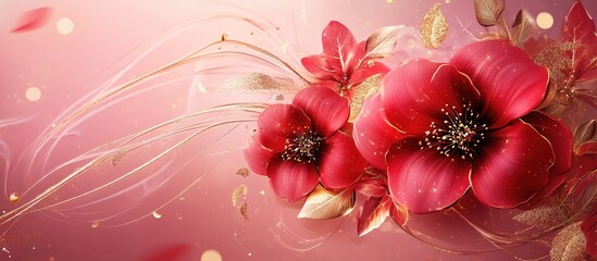 Pink floral arrangement with vibrant red flowers on a soft pink background, featuring delicate golden accents and floating petals for a serene atmosphere.