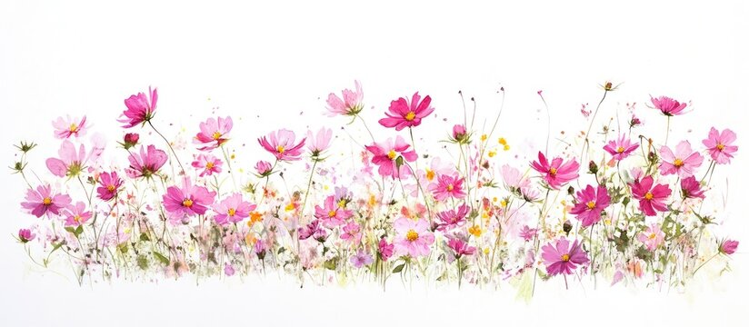 Vibrant horizontal panorama of pink cosmos flowers in full bloom with delicate white backdrop showcasing soft hues and intricate petal details.