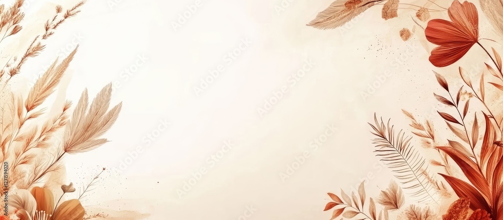 Aufkleber Soft beige background with delicate floral elements in warm reds and soft browns, beautifully arranged on the left and bottom edges of the image.