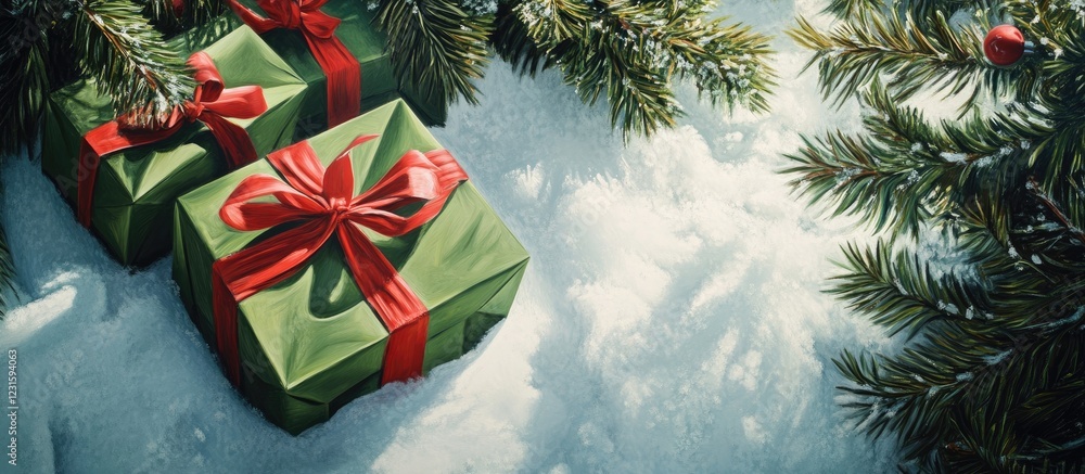 Poster festive green presents with red ribbons positioned under a snowy fir tree, creating a vibrant winter
