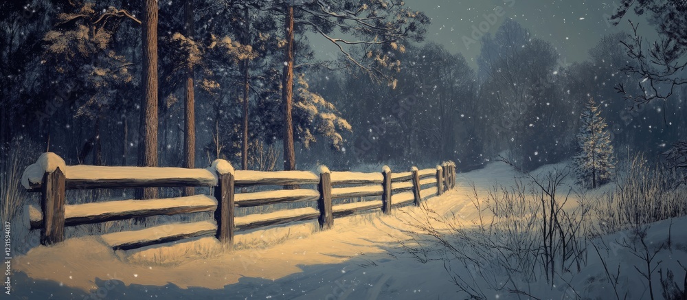 Poster serene dusky winter forest scene with snow-covered fences positioned along a winding path under a mu