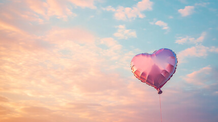 Obraz premium A heart-shaped balloon floating against a colorful sky during sunset.