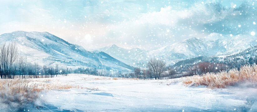 Tranquil winter landscape in watercolor with soft blue sky, gentle mountains, white snowfields, and subtle grasses creating a serene atmosphere