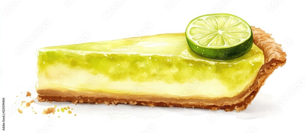 Poster vibrant key lime pie slice featuring bright green filling and a fresh lime wedge on a golden crust a