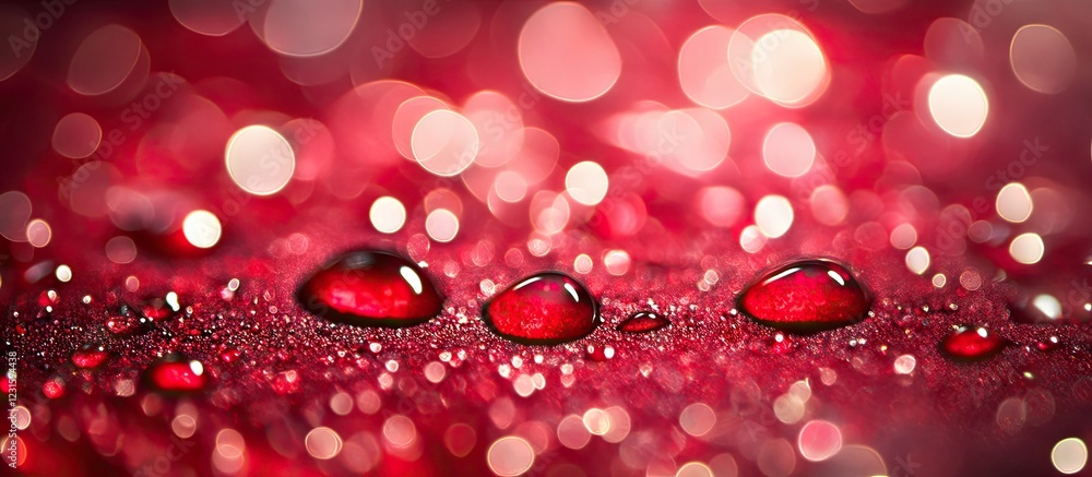 Fototapete Macro shot of vibrant red surface with glistening dew droplets in sharp focus, soft bokeh in shades of pink and white creating a dreamy effect.