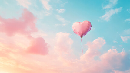 Fototapeta premium A heart-shaped balloon floats in a serene pastel sky during sunset.