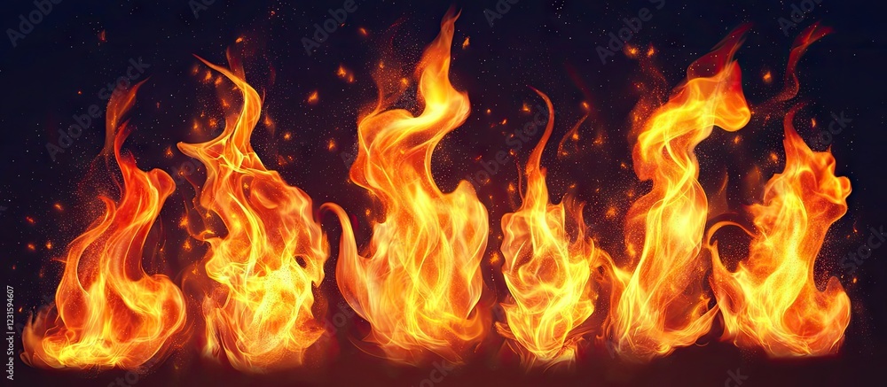 Fototapete dynamic array of vibrant orange and yellow flames in various shapes against a deep black background 