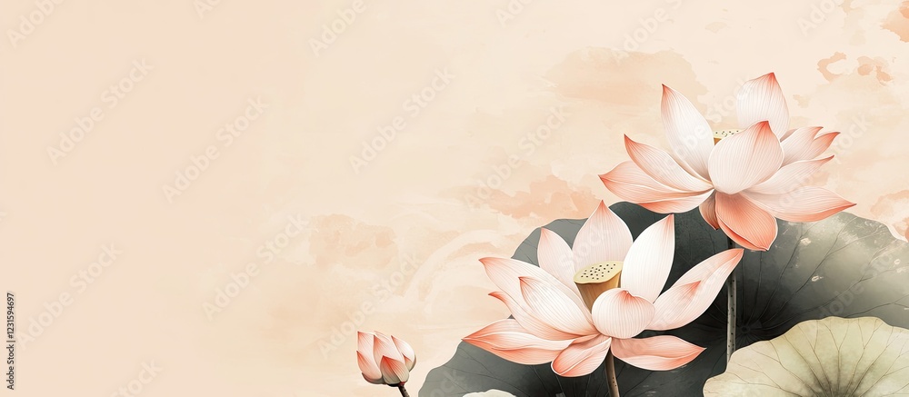 Poster elegant abstract lotus flower in soft pink and white hues on a subtle beige background with leaves, 