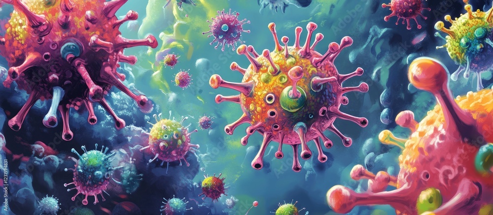 Leinwandbilder vibrant digital artwork of colorful virus-like structures floating in a surreal ocean background, fe