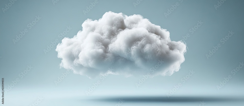 Poster Fluffy white cloud floating in a light blue background with a subtle gradient precisely centered in a minimalistic space for environmental themes.