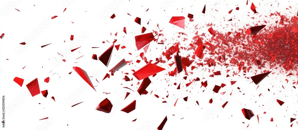 Aufkleber Red shards explode dynamically into the air against a stark white background, highlighting the intensity and motion of vibrant red fragments.