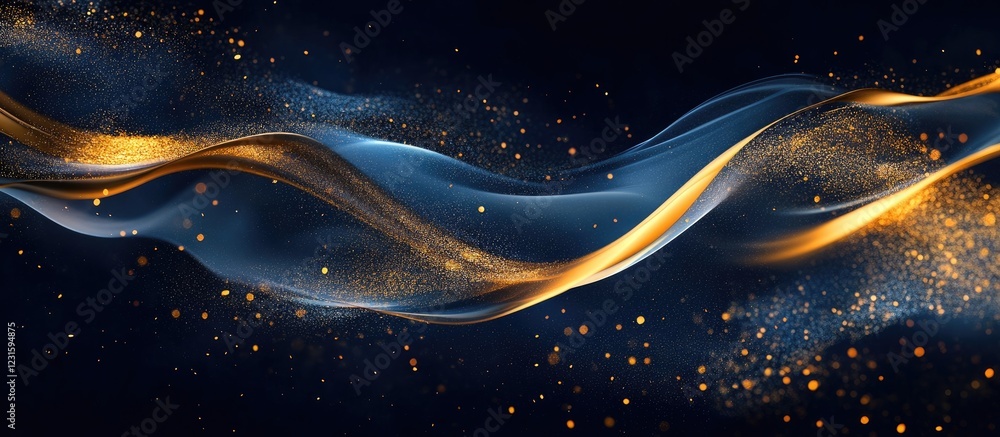 Poster Luxurious abstract design with gold swirls and glitters on deep navy backdrop creating an enchanting visual experience with flowing elements.
