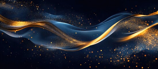 Luxurious abstract design with gold swirls and glitters on deep navy backdrop creating an enchanting visual experience with flowing elements.