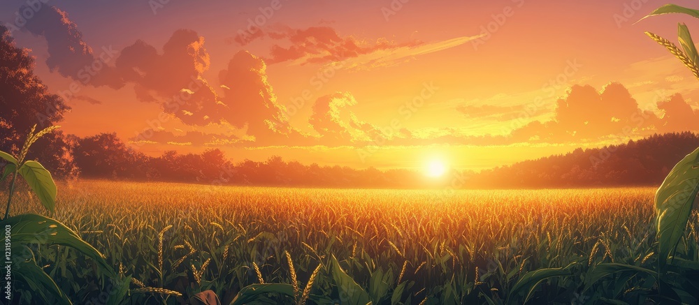 Poster sunset over a tranquil green field with vibrant orange and purple sky, clouds softly illuminated, cr