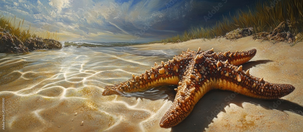 Poster armed starfish with textured brown surface relaxing on sandy seabed under clear water with sunlight 