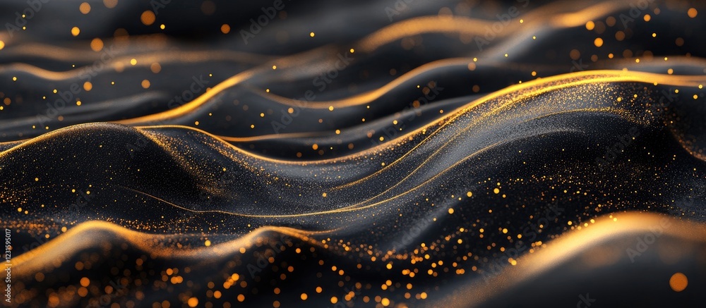 Fototapete golden waves of silk flowing through a dark background with shimmering particles scattered throughou