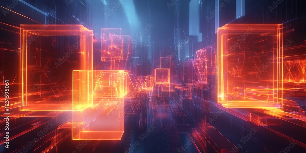 Poster dynamic 3d digital abstract background featuring glowing orange and blue geometric shapes in a futur