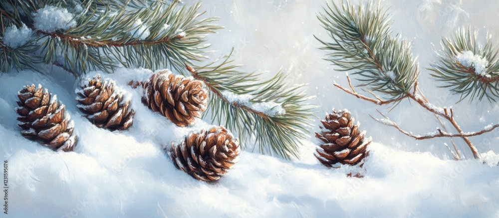Poster winter landscape with snow-covered pine branches and cones in shades of white and brown creating a s