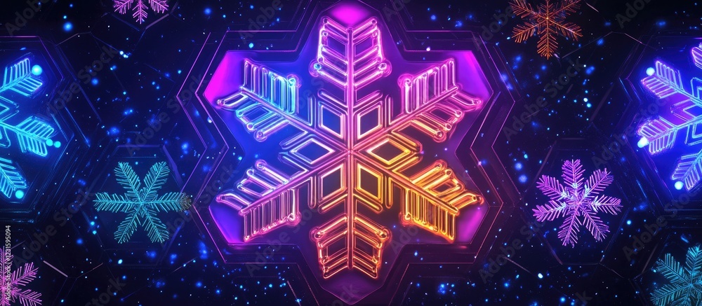 Poster Vibrant neon snowflake design in glowing pink and blue hues centered on a dark hexagonal background with additional multicolored snowflakes surrounding it