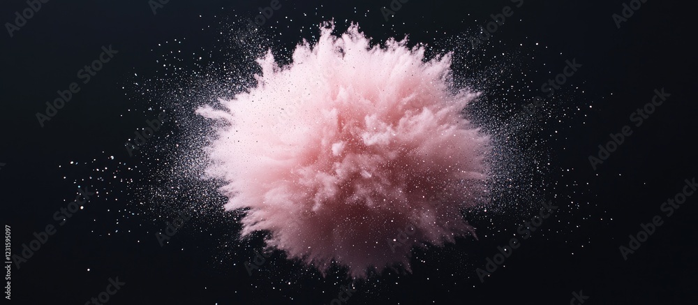 Poster Pink powder explosion on a dark background with fine dust particles creating a dynamic and artistic visual effect in a spherical shape
