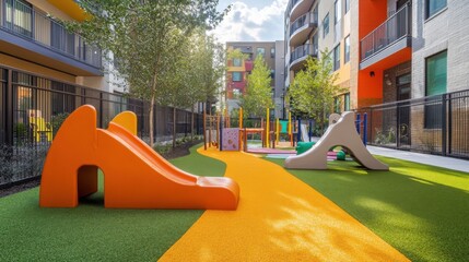 Picture of a playground with colorful play equipment in the common area garden of a condominium, suitable for children's activities.