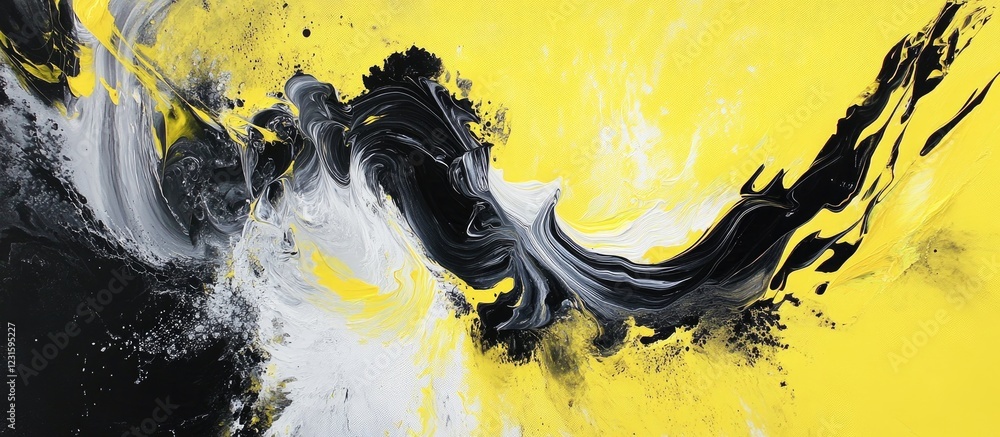 Poster dynamic abstract swirl of vibrant yellow and rich black paint on textured canvas with smooth transit