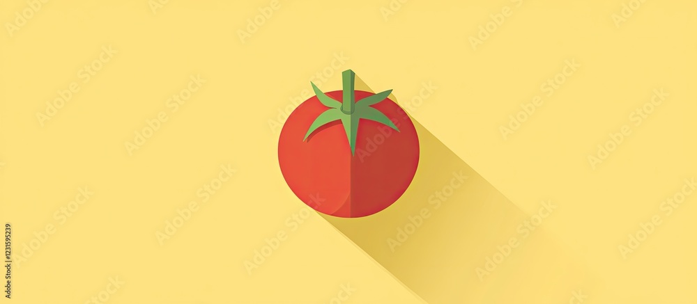 Poster fresh red tomato with green leaves on a light yellow background, featuring a subtle shadow effect fo