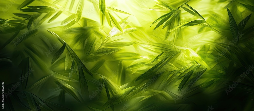 Poster abstract blurred foliage in vivid green hues with layered leaf patterns creates a stunning backgroun