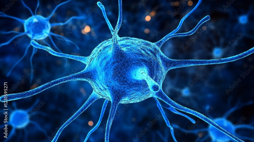 Poster glowing blue neural network, microscopic view with interconnected neurons, 3d rendering