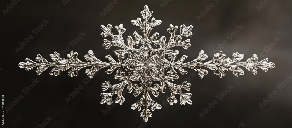 Poster elegant silver snowflake with intricate details centered on a dark background, radiating charm and s
