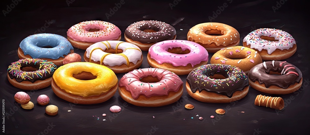 Poster a vibrant assortment of classic donuts arranged on a dark background showcasing various flavors with