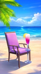 Serene Beachside Relaxation Purple Lounge Chair and Tropical Drink