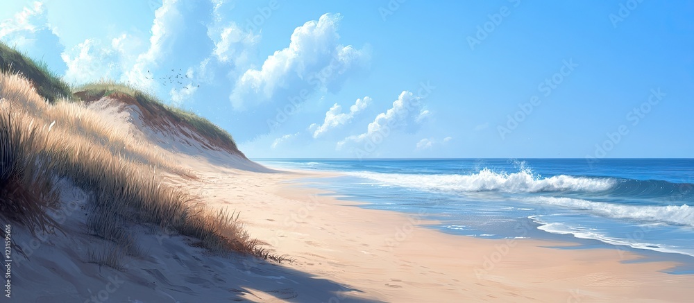 Aufkleber sunlit summer beach featuring golden sand dunes on the left, calm azure waves gently lapping at the 