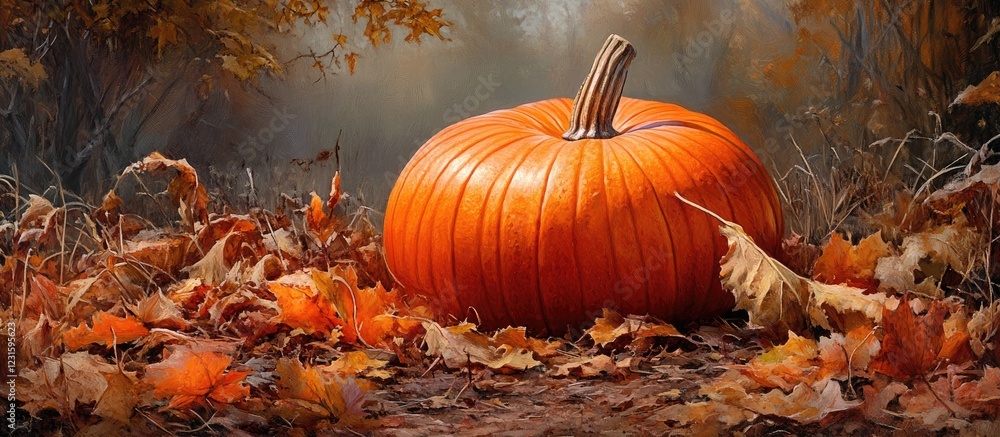 Poster vibrant orange pumpkin positioned center foreground, surrounded by golden autumn leaves in a serene 