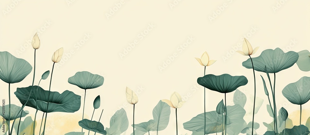 Poster botanical illustration of delicate green lotus leaves and budding flowers against a soft cream backg
