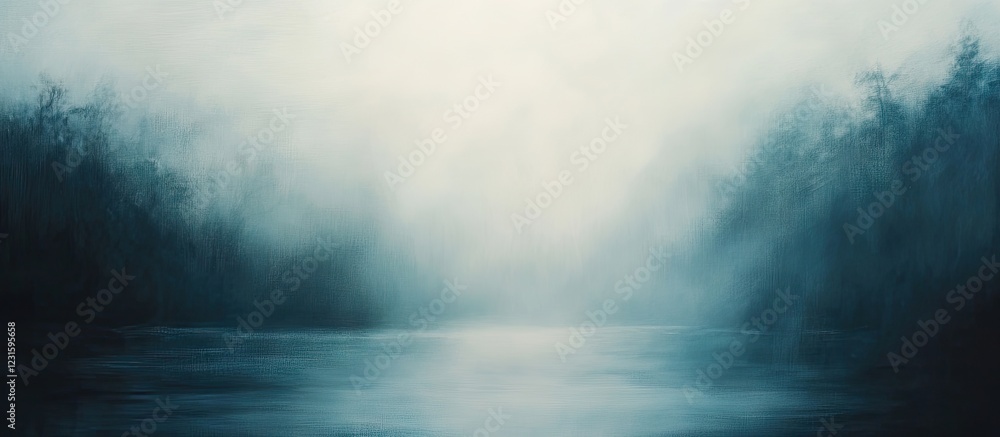Poster ethereal mist envelops serene trees with soft blue and gray tones as gentle sunlight filters through