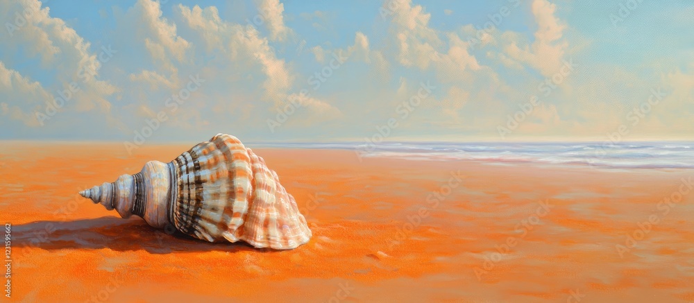 Poster vibrant orange sandy beach with a large seashell prominently positioned in the foreground under a bl