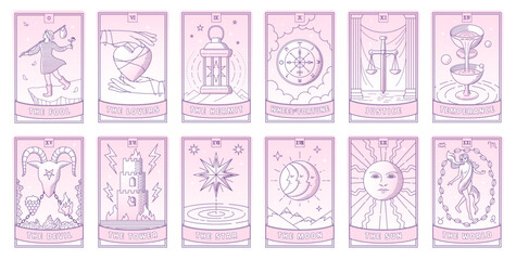 Tarot card vector set in beautiful pink gradation color. Simple line style illustration. The Pool, Hermit, Justice, Temperance, Tower, World, Devil, Sun