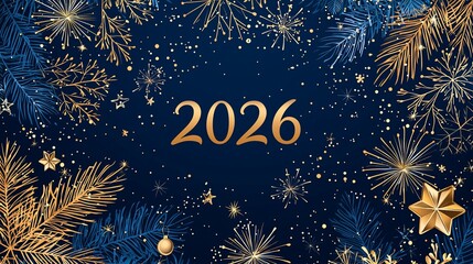 Elegant 2026 New Year's greeting card with gold and blue pine branches, stars, and snowflakes on a dark blue background.