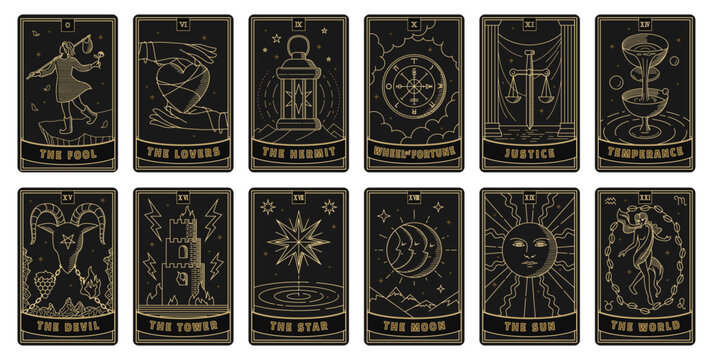 Tarot card vector set in dark with gold color. Simple line style illustration. The Pool, Hermit, Justice, Temperance, Tower, World, Devil, Sun