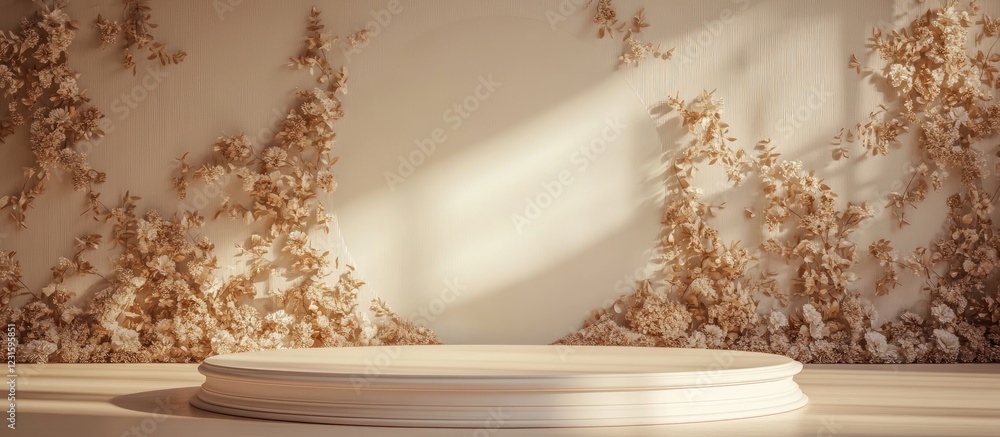 Aufkleber elegant 3d white podium centered on a soft beige floral backdrop with shadows casting from natural l