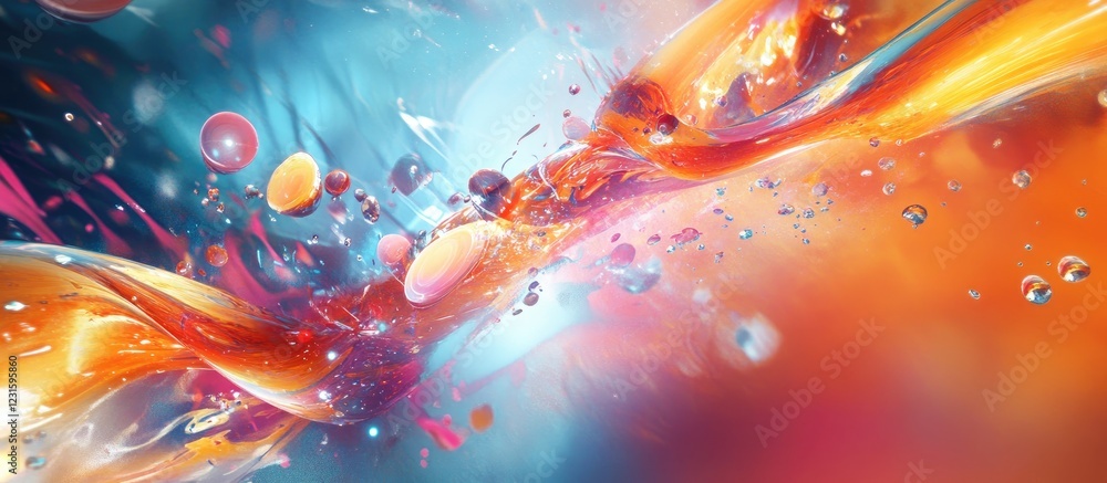 Aufkleber vibrant abstract background with flowing orange and blue hues mixed with bubbles and light bursts cr