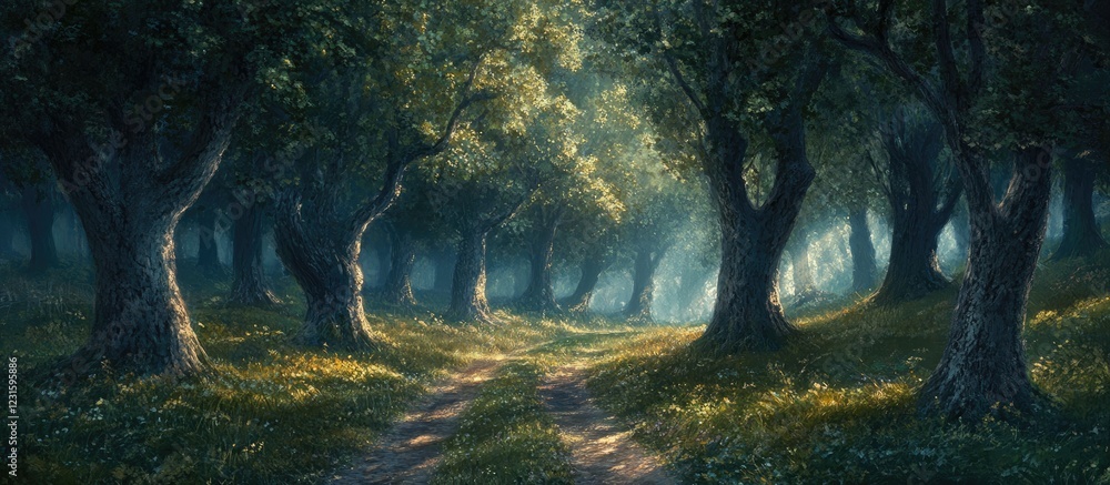 Poster serene forest path surrounded by lush green trees with soft sunlight filtering through foliage creat