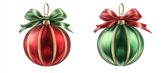 Christmas ornaments in red with gold stripes and green with gold stripes, both adorned with matching bows, set against a white background.