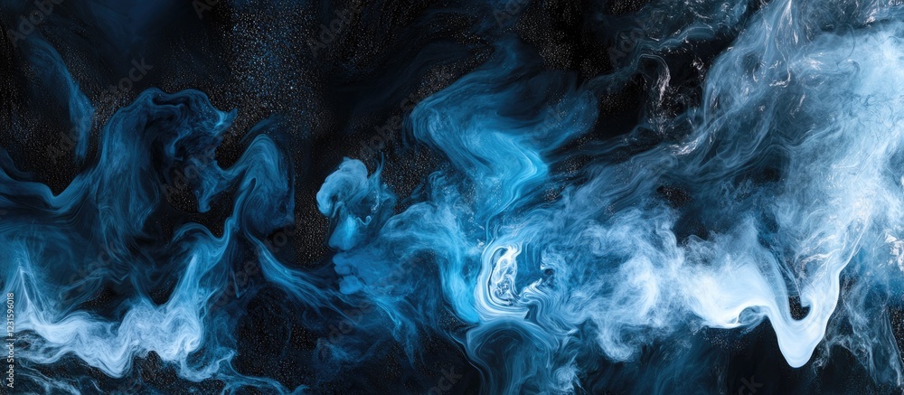 Poster abstract blue and white smoke swirls on a textured black background creating a mystical and dramatic