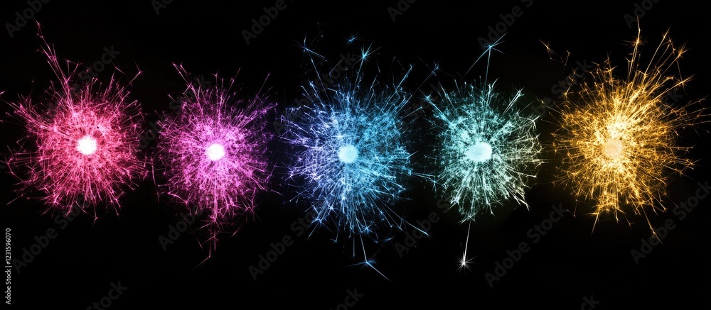 Aufkleber Vibrant colored sparklers glow against a black background featuring pink, blue, and yellow bursts creating an intricate macro display of light.