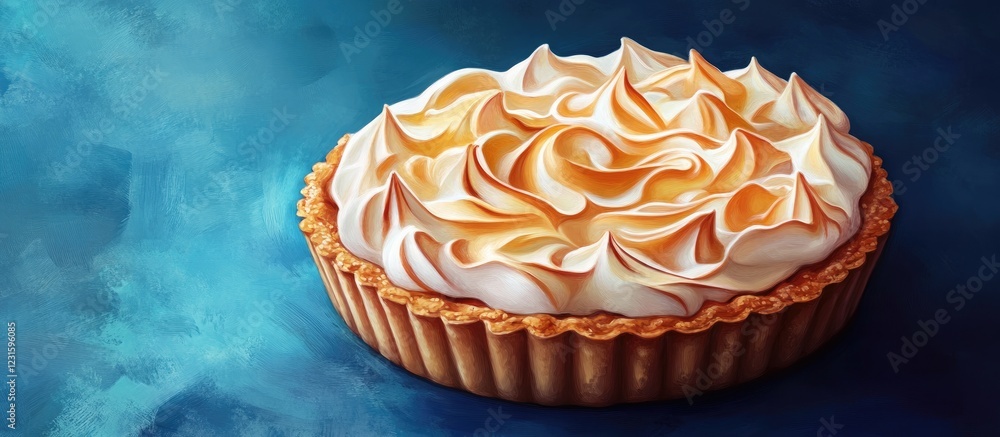 Poster delightful golden meringue tart with intricate swirls on a crusty base, presented against a soft blu