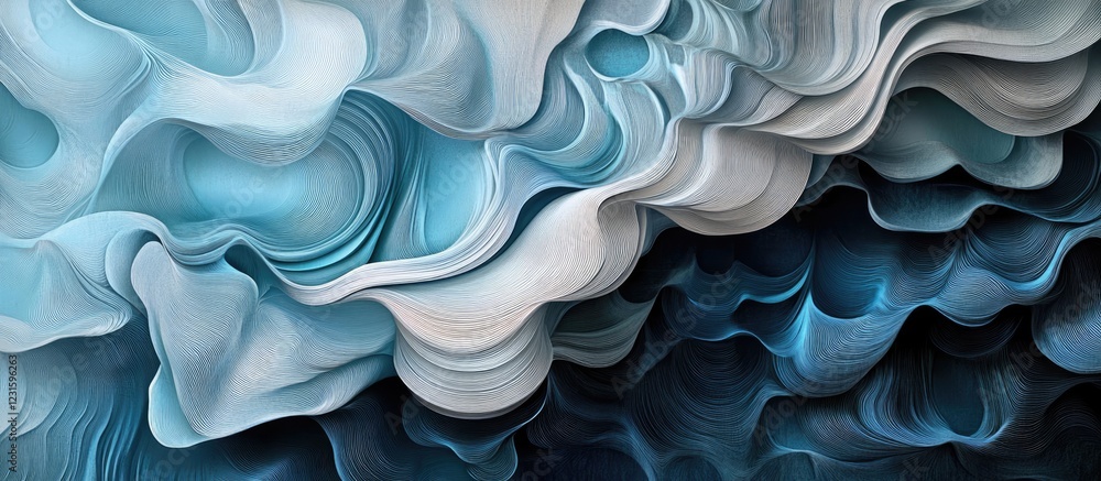 Poster abstract textured wallpaper in shades of blue and white, featuring intricate flowing patterns that c