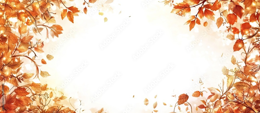 Poster Autumn leaves in warm hues of orange and red frame a blank white center creating a vibrant fall atmosphere ideal for design and copy space.