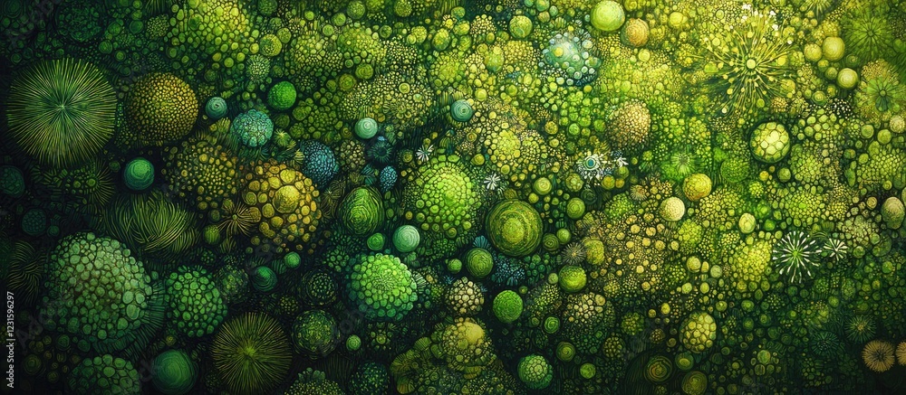 Poster Vibrant top view of a lush green forest with intricate circular patterns in varying shades of green and hints of blue and yellow in natural light.